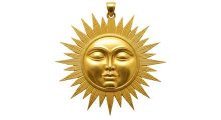 Golden sun face pendant isolated on transparent background, celestial jewelry design element for astrology and spiritual themes