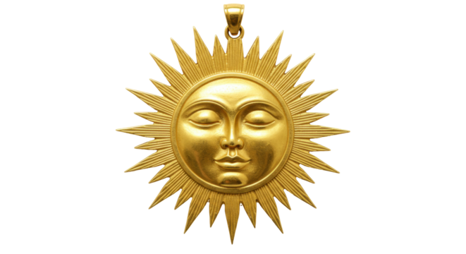 Golden sun face pendant isolated on transparent background, celestial jewelry design element for astrology and spiritual themes
