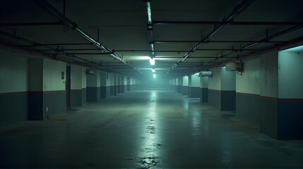 A long, dark, and empty underground parking garage, with eerie fluorescent lights creating a suspenseful and mysterious atmosphere. Horror background.