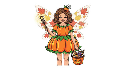 Fototapeta premium Whimsical Autumn Fairy: An enchanting cartoon depicts an autumn fairy with pumpkin attire, radiant wings, and a star-tipped wand, charmingly holding a basket. 