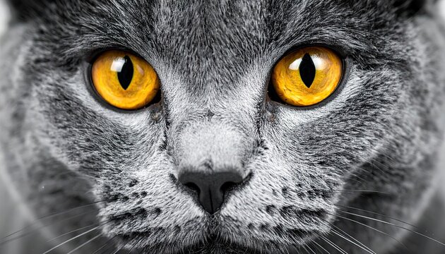 Dramatic Close Up of a Gray Cat with Intense Yellow Eyes in Sharp Focus Against a Desaturated Background Detailed Feline Portrait