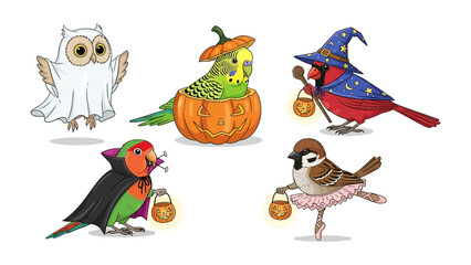 Whimsical Halloween Birds: A vibrant collection of charming birds, each adorned in delightful Halloween costumes, creating a playful and spirited scene, evoking smiles and seasonal joy.