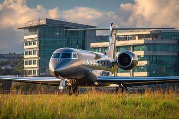 Naklejka premium Private Jet Aircraft on Tarmac with Modern Buildings in Background.