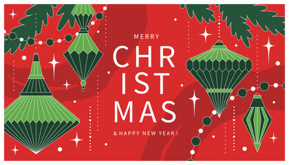 Merry Christmas and Happy New Year greeting card. Bright background with Christmas decorations in geometric minimalist. Xmas design banner for winter holidays.
