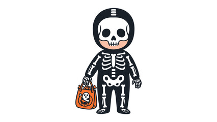 Spooky Kid's Halloween Costume: A charming illustration captures a child in a delightful skeleton costume, holding a treat bag, embodying the playful spirit of Halloween.