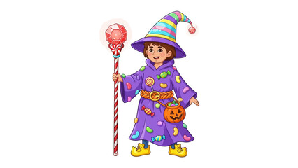 Wizard and Candies: A young wizard, adorned with colorful attire and a whimsical hat, holds a magical candy cane staff in a delightful illustration, perfect for whimsical themes.