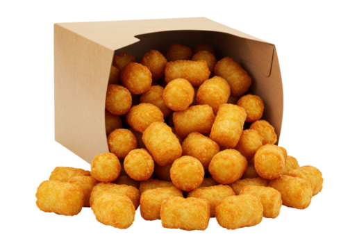 Golden brown tater tots spilling from a cardboard container isolated on transparent background, crispy potato bites for fast food menus