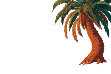 Digital Palm Tree Illustration with Pixelated Texture in Shades of Brown Orange Green and Teal Against a Transparent Black Background Tropical Pixel Art Style