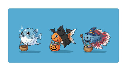Halloween Fish Characters: A playful image shows three fish dressed in festive Halloween costumes holding candy buckets, ready for trick-or-treating, full of whimsical charm.