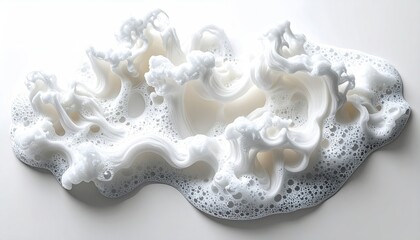 Abstract, frothy, white substance, swirling, and bubbly, forming a textured, organic shape on a light background