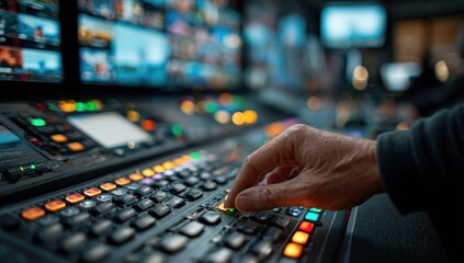 Professional video production switcher with operators hand in a control room.