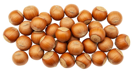 Pile of brown hazelnuts isolated on transparent background, healthy snack food for cooking and baking