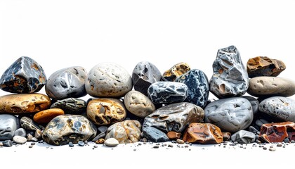 A diverse collection of rocks, various shapes and colors, arranged in a horizontal line