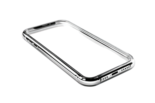Sleek Silver Smartphone Case Isolated on Transparent Background Showing Ports and Buttons Offering Protection with Shiny Reflective Frame Modern Cellphone Accessory Design for Mobile Device Safety