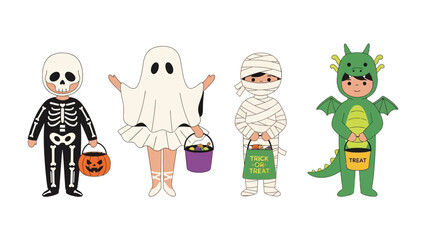 Halloween Costume Celebration: A charming array of children dressed in Halloween costumes stand holding their treat bucket in the cheerful daylight.