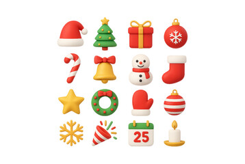 Naklejka premium 3D Christmas Icons Set, Festive Holiday Symbol Collection, Isolated Winter Celebration Decorative Elements for New Year and Xmas Design