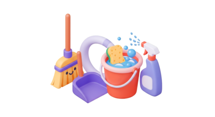 3d illustration of cleaning supplies with a smiling broom isolated on transparent background
