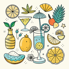 Colorful doodle illustration of tropical drinks, citrus fruits, palm leaves, and summer vibes