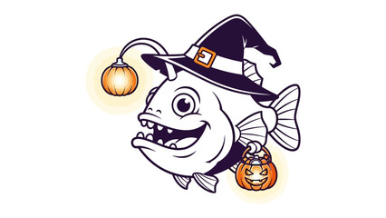 Halloween Anglerfish: A whimsical anglerfish in a witch hat, glowing lamp and carrying a jack-o'-lantern, invites you into the enchanting atmosphere of Halloween
