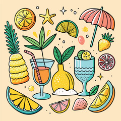 Colorful doodle illustration of tropical drinks, citrus fruits, palm leaves, and summer vibes