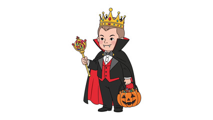 Halloween Vampire King: A regal vampire king stands adorned in a crown, holding a candy lollipop and a jack-o'-lantern basket, personifying the spirit of Halloween