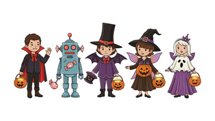 Whimsical Halloween Characters: A captivating illustration showcases a diverse collection of Halloween-themed characters, each adorned in unique, imaginative costumes, ready for trick-or-treating. 