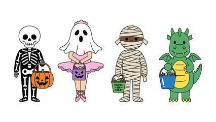 Halloween Costume Characters with Candy Bags: A collection of adorable Halloween characters, a skeleton, a ghost ballerina, a mummy, and a friendly dragon, each gleefully holding trick-or-treat bags.