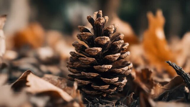 Close up of a mature pine cone surrounded by fallen autumn leaves