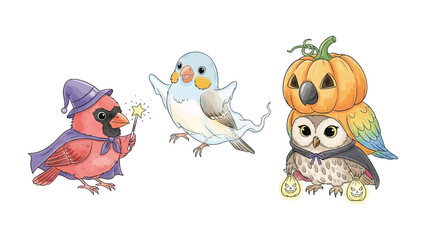 Halloween Avian Gathering: A charming trio of whimsical birds, each adorned in festive costumes, embody the spirit of Halloween.
