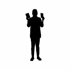 Silhouette of a caregiver teaching colors with flashcards isolated on white background