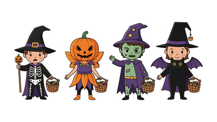 Halloween Fantasy: A captivating illustration showcases four adorable children, each adorned in vibrant costumes of spooky characters, creating a playful atmosphere for Halloween. 