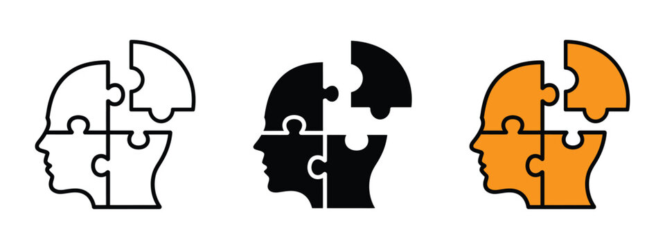 Human head profile and jigsaw puzzle icon vector. thinking, problem solving, and intelligence symbol. vector illustration.