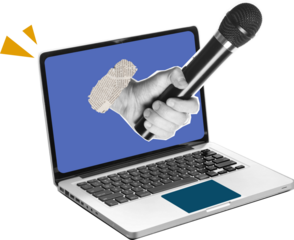 Collage art, a hand with a microphone protruding from a laptop