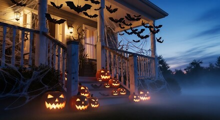 Halloween house with illuminated pumpkins bat decorations and spooky spiderwebs under a twilight sky