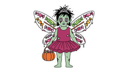 Zombie Fairy: A whimsical illustration of a zombie fairy holding pumpkin bucket, with candy-adorned wings and a dress, blending elements of fantasy and the undead in a playful style.