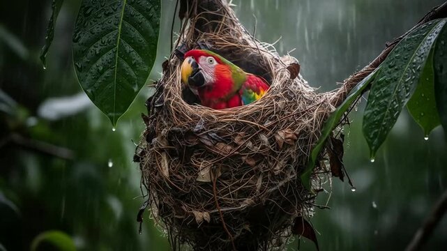 Two colorful parrots nestled together inside a woven nest, sheltered from the rain.