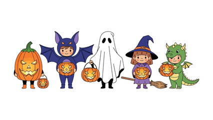 Spooky Parade of Costumes: A vibrant array of Halloween costumes, including a pumpkin, bat, ghost, witch, and dragon, arranged in a playful illustration of Halloween fun.