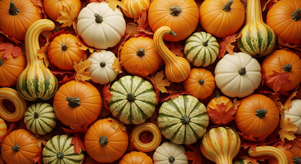 Vibrant Halloween Harvest: A Rich Assortment of Pumpkins and Gourds with Autumn Leaves