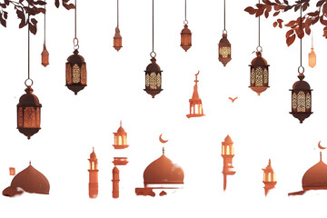 Ramadan Lanterns and Mosques Silhouettes in Transparent Background with Warm Lighting and Ornate Details for Festive Islamic Celebrations and Cultural Events with Dark Backdrop