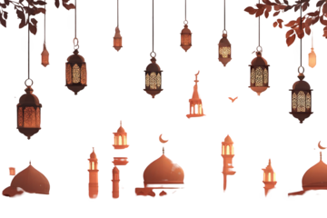 Ramadan Lanterns and Mosques Silhouettes in Transparent Background with Warm Lighting and Ornate Details for Festive Islamic Celebrations and Cultural Events with Dark Backdrop