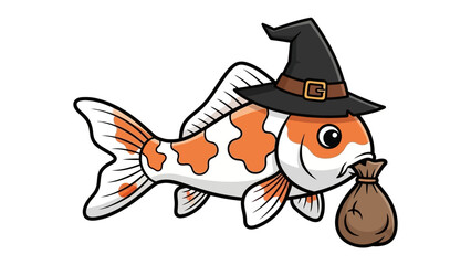 Fototapeta premium Koi fish in witch hat: A whimsical illustration depicts a vibrant Koi fish, adorned with a classic witch hat, playfully carrying a small sack, conjuring an air of playful mystique and magical fantasy.
