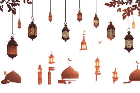 Ramadan Lanterns and Mosques Silhouettes in Transparent Background with Warm Lighting and Ornate Details for Festive Islamic Celebrations and Cultural Events with Dark Backdrop
