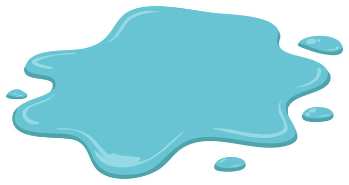 Illustration of a light blue water spill with drops, simple cartoon design on white background