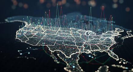 Digital map of United States displaying data points with glowing lines and network connections on a dark background, symbolizing technology and innovation.