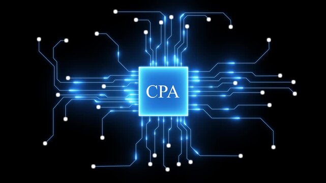 Glowing blue circuit board with CPA text in the center on a black background certified public accountant