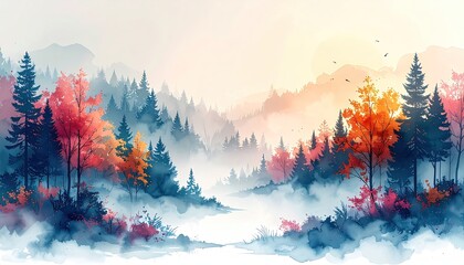 Colorful forest in misty hills with soft, airy feel