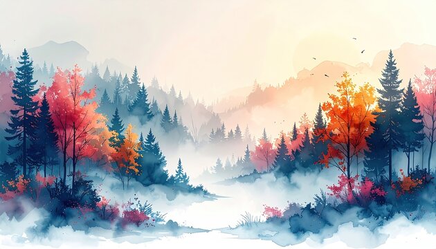 Colorful forest in misty hills with soft, airy feel