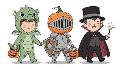 Spooky Squad's Parade: A trio of young children, each in a unique costume - a dragon, a pumpkin knight, and a vampire - march with a whimsical air, bucket in hand, ready to collect candies.