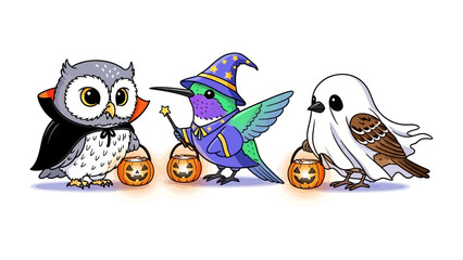 Spooky Bird Trio: An owl, hummingbird and ghost bird prepare for tricks or treats during Halloween, each costumed in creative and festive apparel.