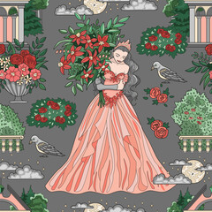 Colorful seamless pattern with princess holding bunch of flowers and fantasy elements for fabric, wallpaper, scrapbooking. Cartoon vector illustration
